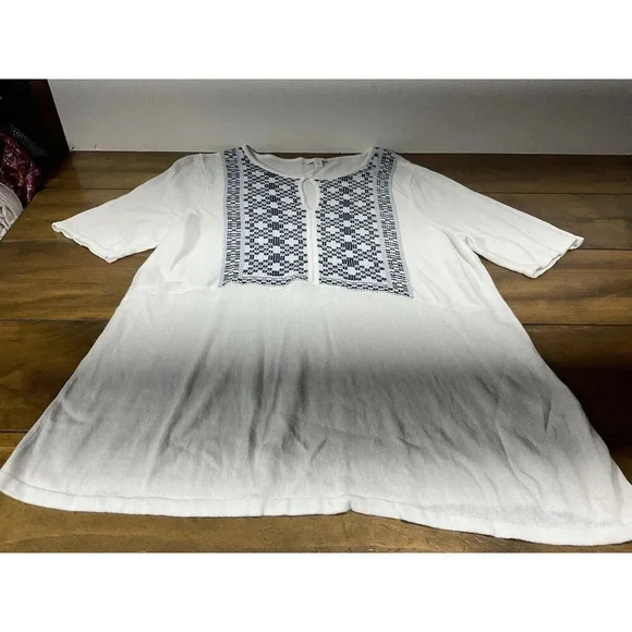 J Jill Sweater Tunic Top Sz XL Blue White Embroidered Linen Blend Lagenlook - Picture 4 of 9